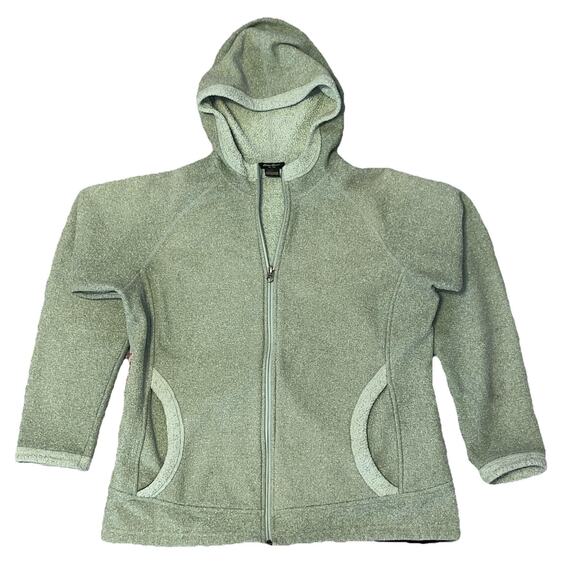 Womens Eddie Bauer Fleece Spring Jacket L Sage Green Heather Trim Zip Hood - Picture 1 of 5